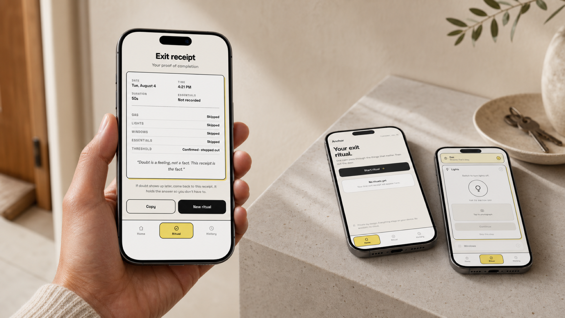 Anchor exit receipt shown on a phone, with the ritual interface on two phones behind it