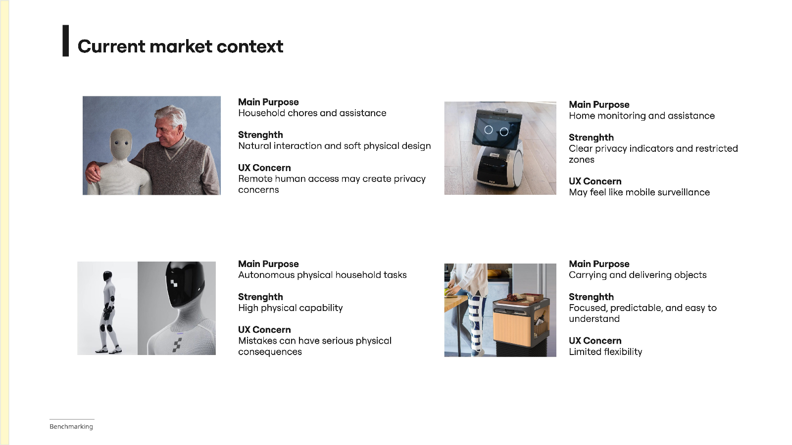 Benchmark of social, monitoring, mobile and manipulation robots
