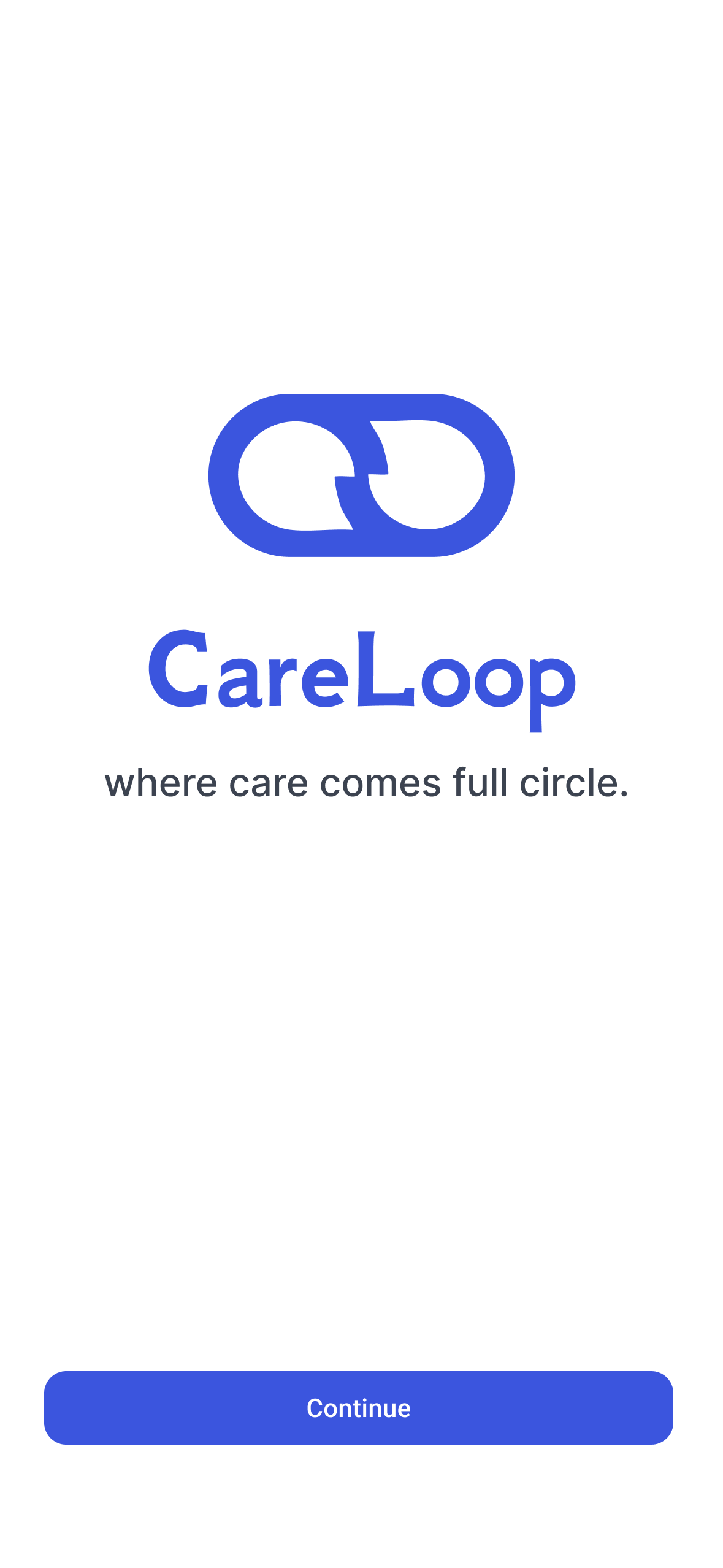 Original CareLoop introduction screen with logo and Continue button
