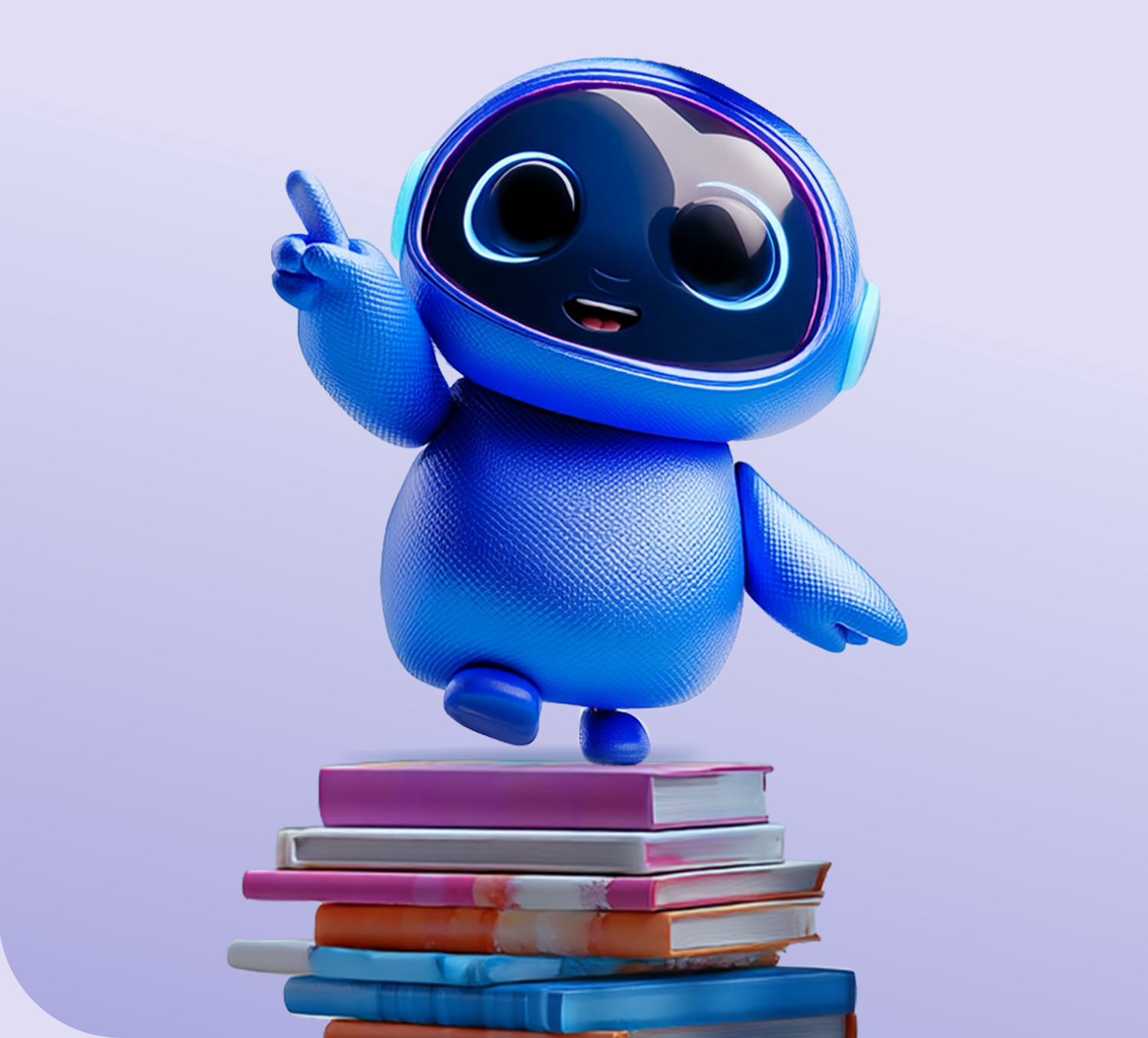 Elevio 3D AI mentor standing on a stack of books
