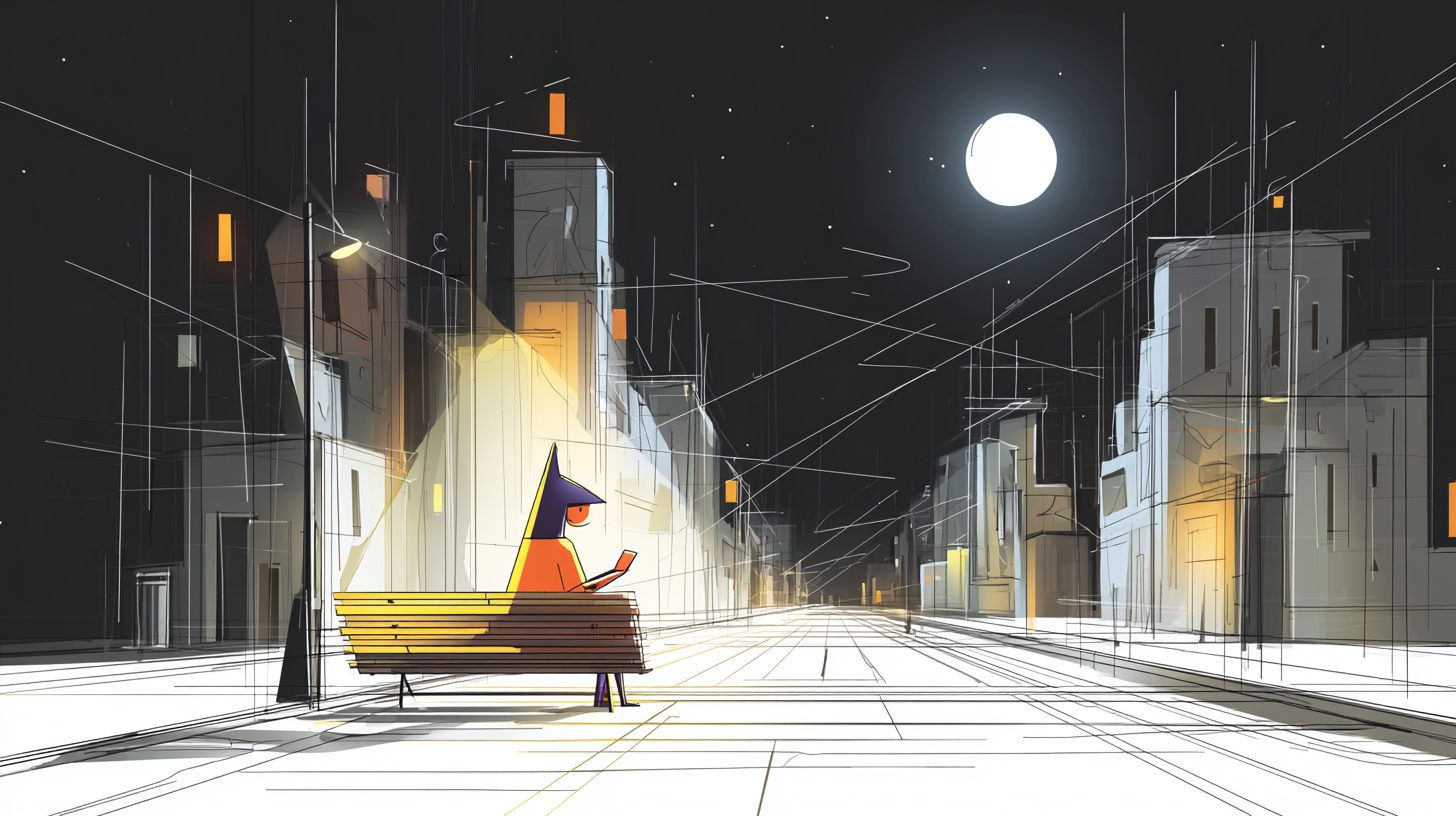 A lone person sitting on a bench in a moonlit city street