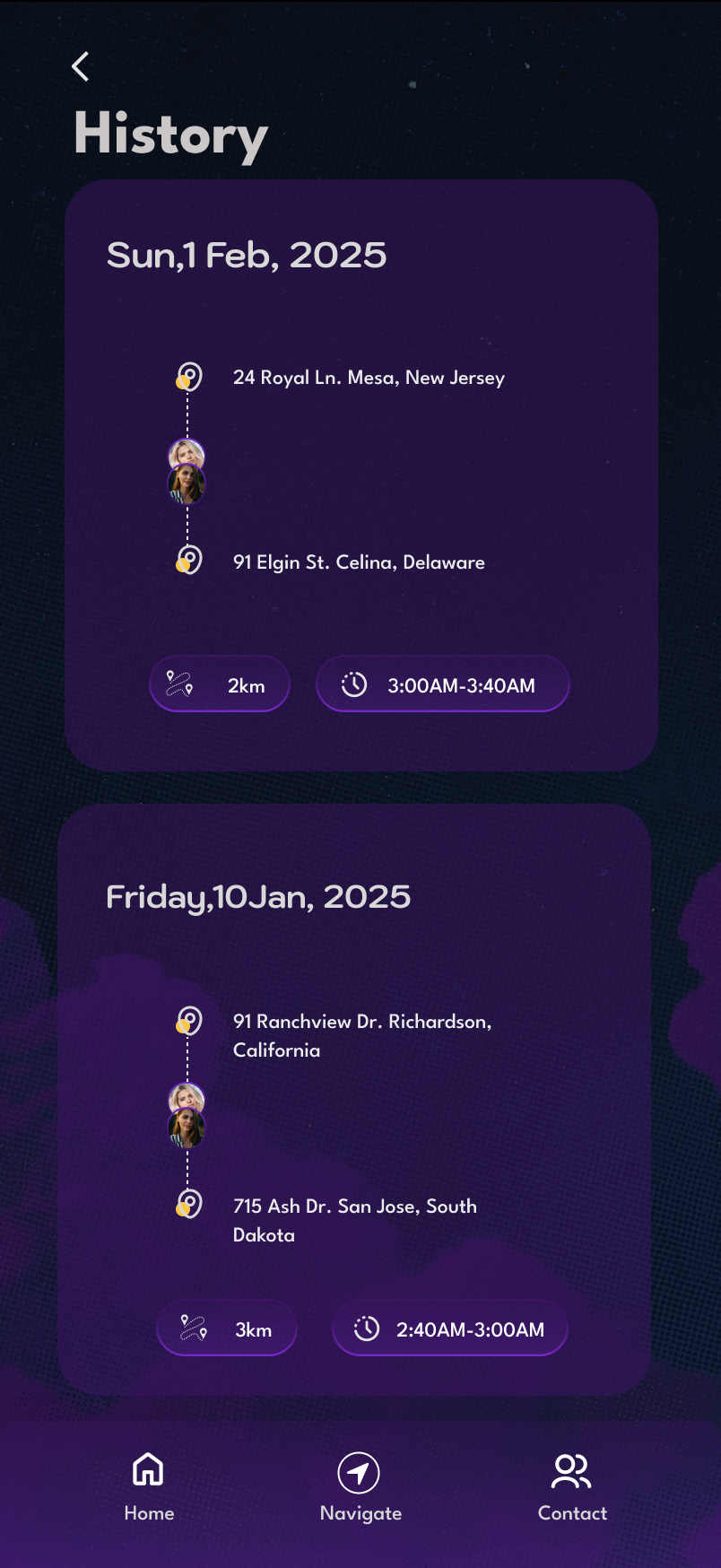 Original Lunav trip history screen
