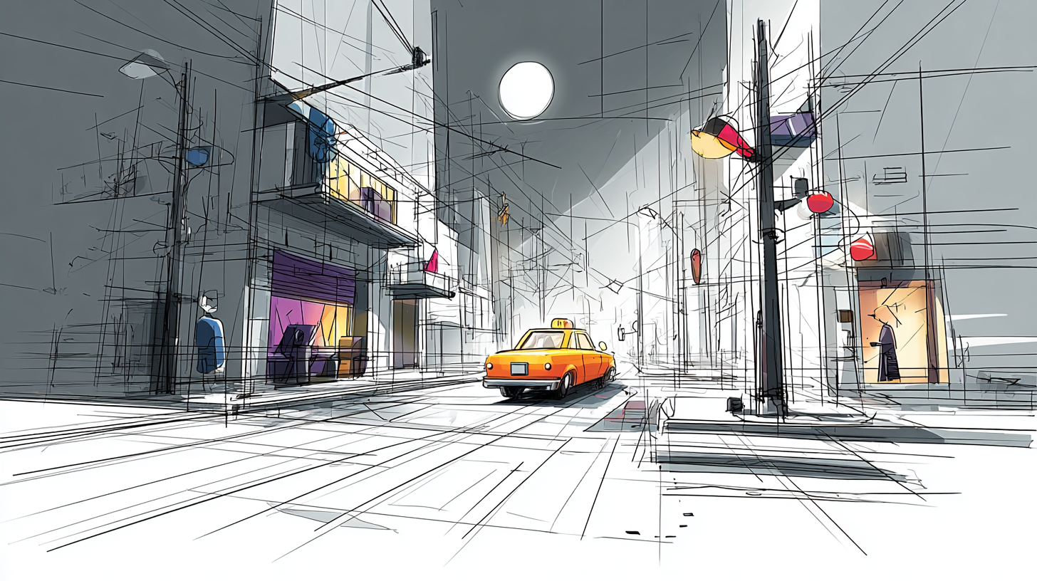 Original Lunav illustration of a taxi travelling through a moonlit city
