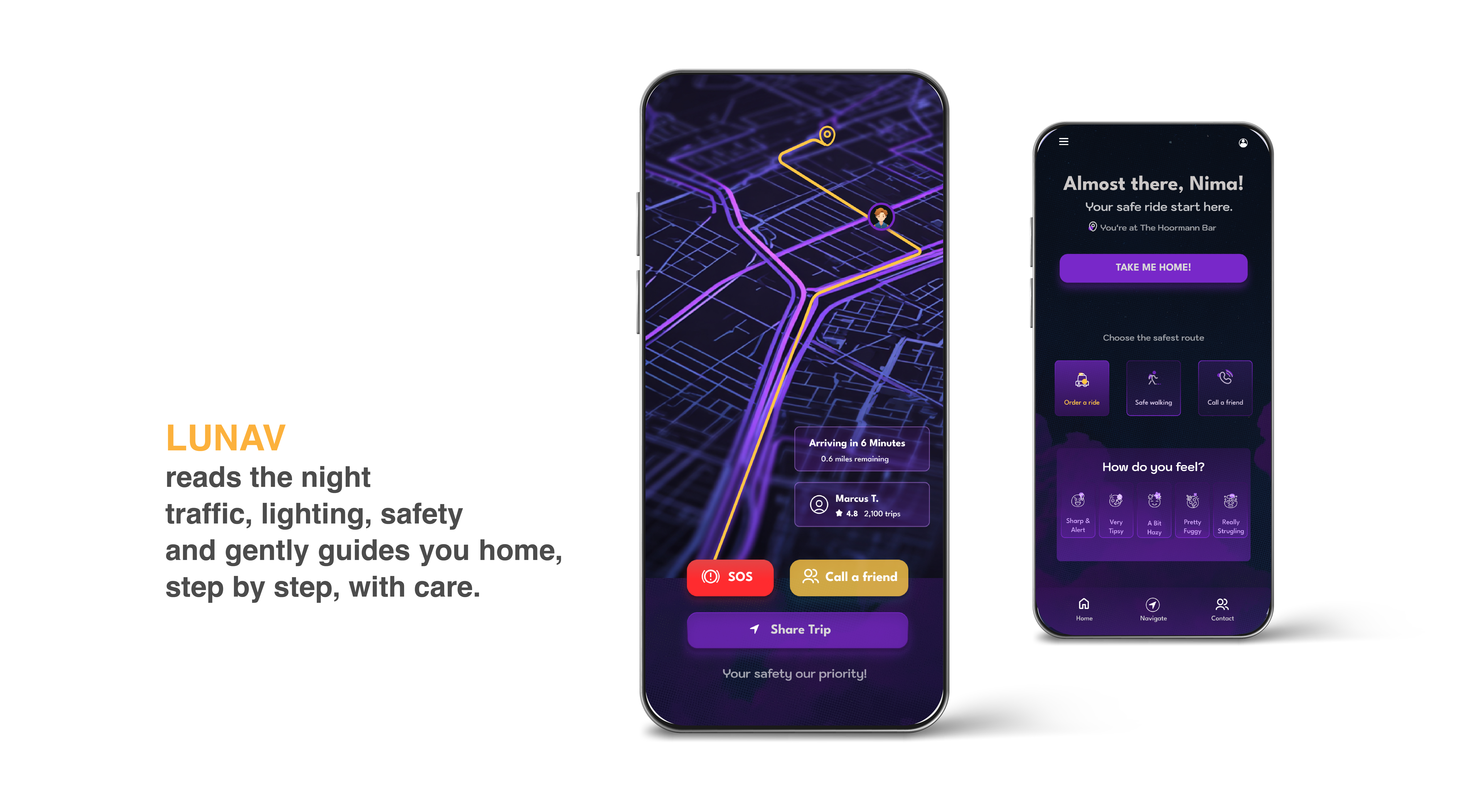 Lunav navigation and home screens shown together