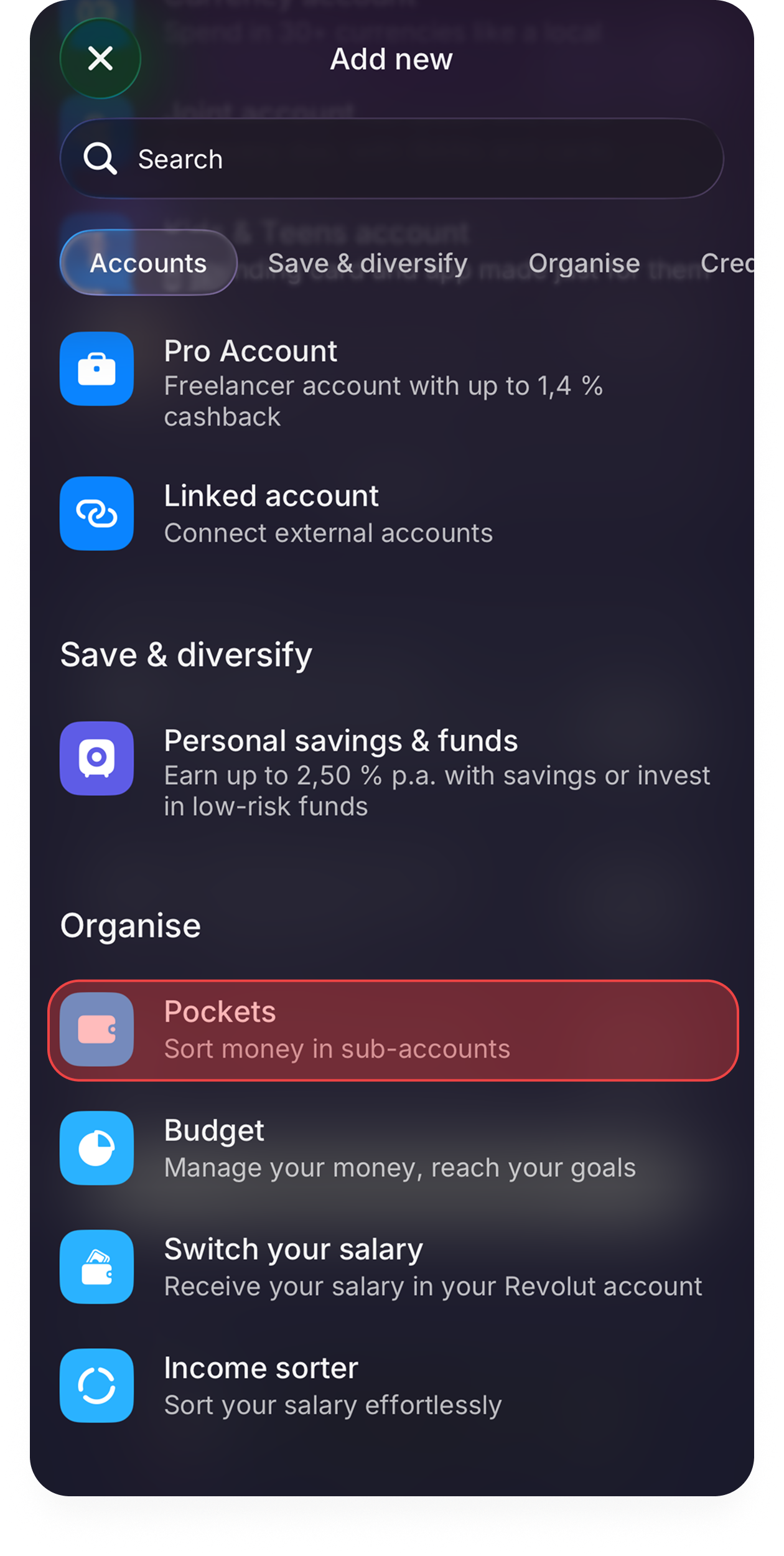 Add new, Pockets buried in the list